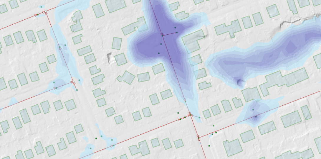 An example of a flood extent map derived by the City of Peterborough using Ecopia land cover data and first-party data representing the area’s pipe network