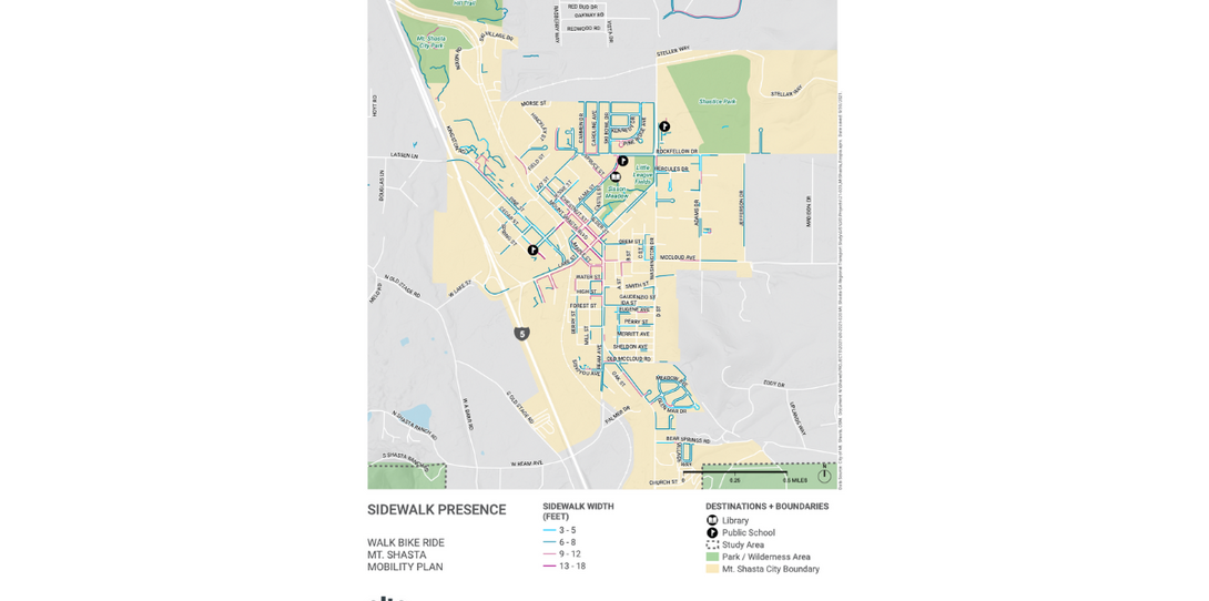 Alta created this map using Ecopia data to illustrate sidewalk presence with width attribution in the region.