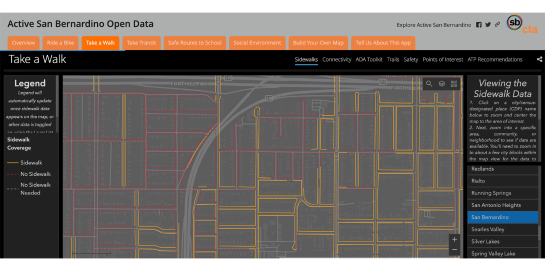 An example of the open access community sidewalk finder map provided by the SBCTA and Fehr & Peers with Ecopia data
