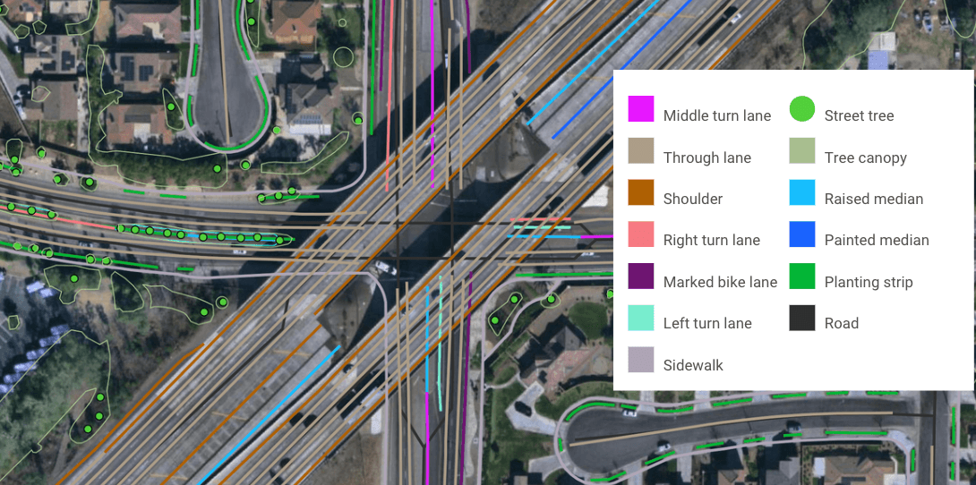 A sample of the detailed variety of features Ecopia extracted in San Bernardino County; no other data provider delivers vector data for such a large range of advanced transportation features