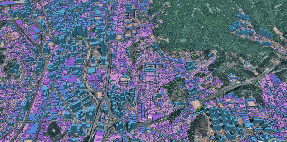 Sample of the 3D vector map of buildings and vegetation generated by Ecopia AI leveraging Airbus imagery