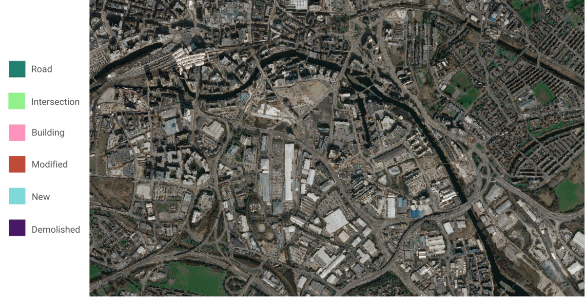 A sample of change detection mapped by Ecopia in Leeds, UK