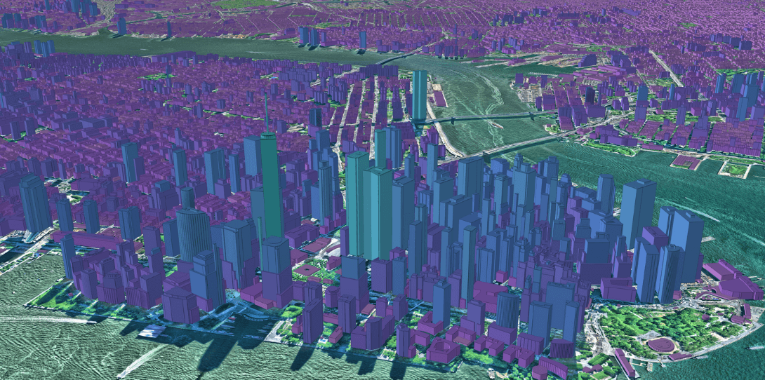 Sample of a 3D vector map of buildings in New York City, generated by Ecopia AI