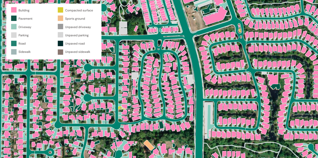 A sample of the high-precision impervious surface layers extracted by Ecopia AI in Kelowna, British Columbia. 