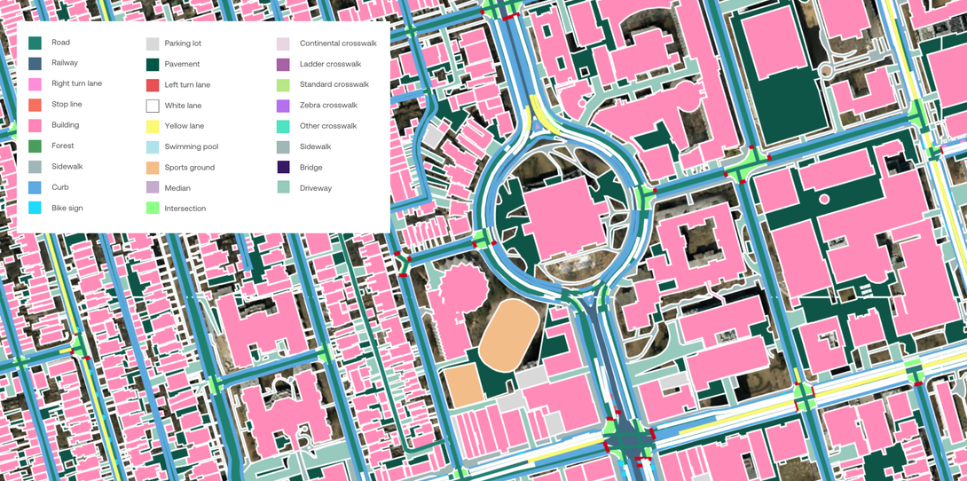 A sample of the advanced transportation and land cover features provided to the City of Toronto by Ecopia AI for the development of AVs.