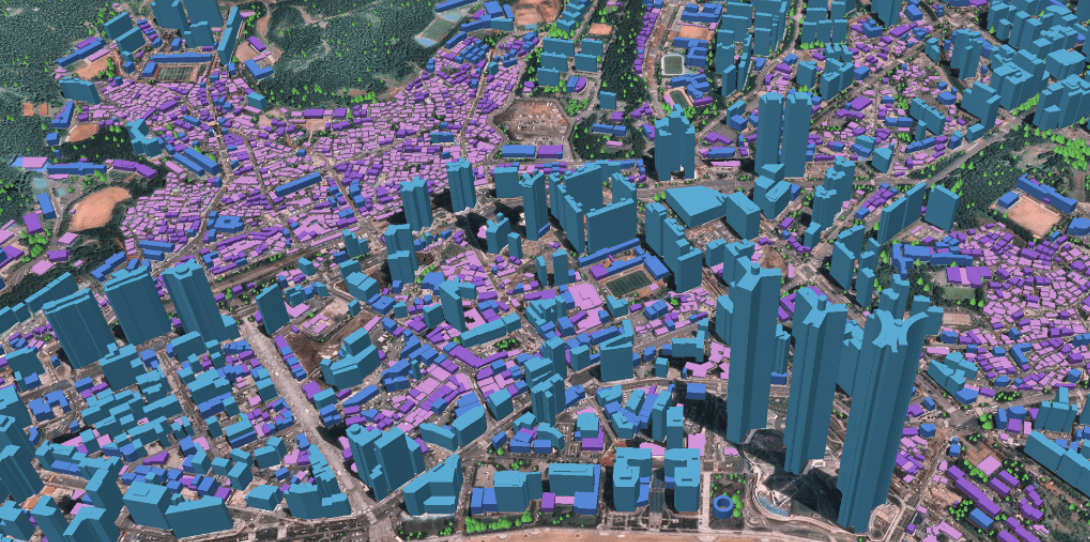 Sample of the 3D vector map of buildings and vegetation generated by Ecopia AI leveraging Airbus Imagery